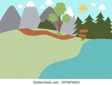 Summer camp background. Nature empty landscape with mountains, tree, path, forest, lake and wooden direction sign. Vector woodland scene. Active holidays or local tourism plan 
