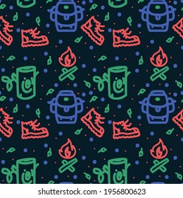 Summer camp background. Pattern on black Camping for textiles. Linear travel icons in Doodle style. Vector illustration