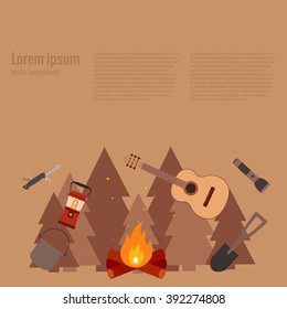 Summer camp background. Vector illustration of camping  fire concept. Poster with Summer camp background made in flat style. Summer camp icons set: backpack, axe, flashlight. Summer camping fire.
