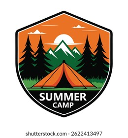 Summer camp badge featuring a tent, pine trees, and a mountain scene with a sunset or sunrise, symbolizing outdoor adventure and camping activities.