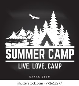 Summer camp badge on the chalkboard. Vector illustration. Concept for shirt or logo, print, stamp or tee. Vintage typography design with canoe, paddle, camping tent and forest silhouette.