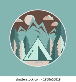 Summer camp badge with tent camping. Graphic scout logo emblem