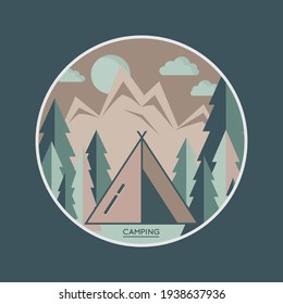 Summer camp badge with tent camping. Graphic scout logo emblem