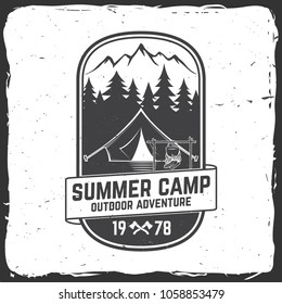 Summer camp badge. Vector illustration. Concept for shirt or print, stamp or tee. Vintage typography design with camper tent, pot on the fire, axe and mountain silhouette.