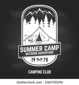 Summer camp badge. Vector illustration on the chalkboard. Concept for shirt or print, stamp or tee. Vintage typography design with camper tent, pot on the fire, axe and mountain silhouette.