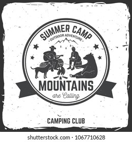 Summer camp badge. Vector illustration. Concept for shirt or print, stamp, travel badge or tee. Vintage typography design with campfire, bear, dog, girl, man with guitar and forest silhouette.