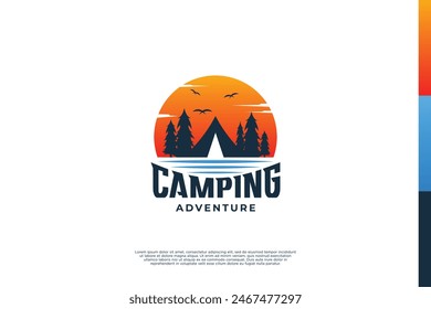 Summer camp badges logo design with sunset and lake views