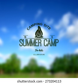 Summer camp badges logos and labels for any use. Blurred background forest sky. EPS10