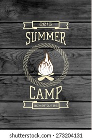 Summer camp badges logos and labels for any use. On wooden background texture. EPS10