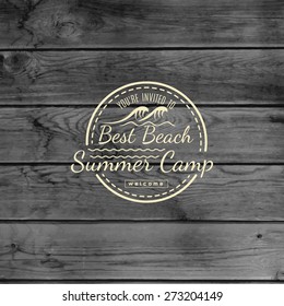 Summer camp badges logos and labels for any use. On wooden background texture. EPS10