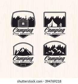 Summer camp badges logos and labels for any use, on wooden background texture