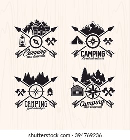 Summer camp badges logos and labels for any use, on wooden background texture