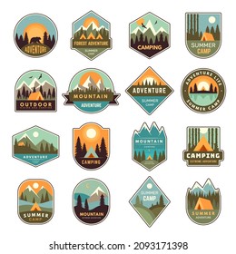 Summer camp badges. Mountain exploring labels outdoor adventure of scout in forest nature emblem recent vector templates set isolated