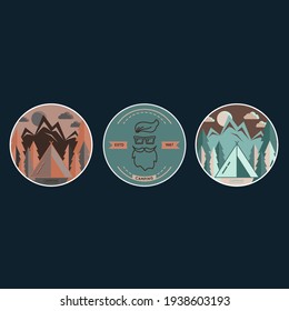 Summer camp badges with tent camping. Graphic scout logo emblem with hipster face