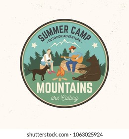 Summer camp badges. Vector.Concept for shirt , print, stamp, travel badge or tee. Vintage typography design with campfire, bear, man with guitar, girl, dog and forest silhouette. Mountains are calling