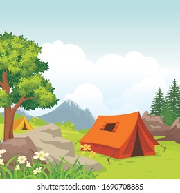 Summer camp banner. with Camping tent on green hill, beautiful scenery natural landscape, Pine forest and rocky mountains background