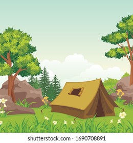 Summer camp banner. with Camping tent on green hill, beautiful scenery natural landscape, Pine forest and rocky mountains background