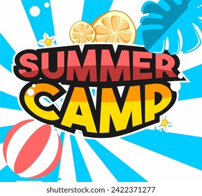 Summer Camp Banner Design Vorlage mit tropischem Hintergrund. Vektorgrafik EPS