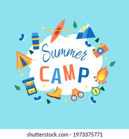 Summer camp banner with items for tourism.