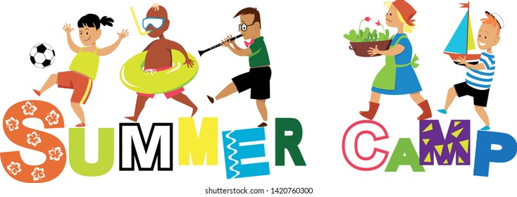 Summer camp banner with little kids participating in camp activities, EPS 8 vector illustration