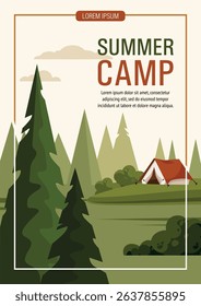 Summer camp banner, poster, flyer. Camping tent among fir trees in nature. Picnic, traveling, hiking concept