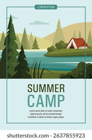 Summer camp banner, poster, website, flyer. Camping tent among fir trees in nature. Picnic, traveling, hiking concept