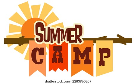  Summer camp banner with ribbons and sun.