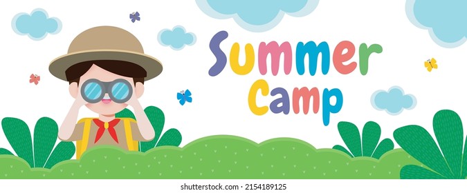 Sommerlager-Banner-Hintergrund Kinder tragen Ausscout-EhrenUniform, Ausbildung für Werbebroschüren, glückliche Kinder, die Aktivitäten auf dem Campingplatz machen, Flyer für Ihren Text , Wohnung Vektorgrafik-Illustration 