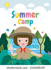 patrón de banner de campamento de verano los niños usan uniforme de honor de scout, póster de folleto de educación para publicidad, niños felices haciendo actividades de camping, volcar su texto , Vector plano Ilustración 