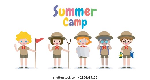 summer camp banner template background kids wear scout honor uniform, education for advertising brochure poster, happy children doing activities on camping, flyer your text , flat Vector Illustration 