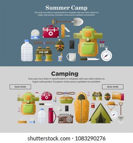 Summer camp banners of vector camping tools
