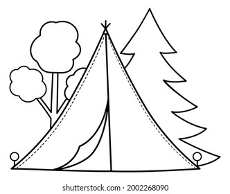Summer camp black and white scene with tent and forest. Vector campfire illustration. Active holidays or local tourism woodland landscape outline design for postcards, prints, infographics.
