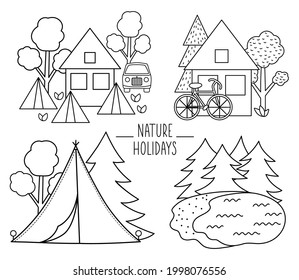 Escenas blancas y negras de los campamentos de verano con casa, lago, tienda, camioneta, bosque. Ilustración de la línea de fogata vectorial. Vacaciones activas o paquete de diseño de paisajes forestales de turismo local 
