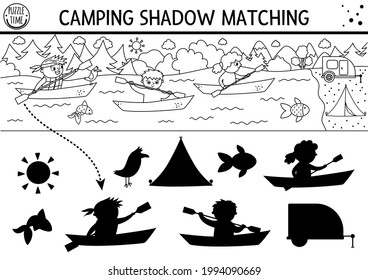 Summer camp black and white shadow matching activity with cute children on boats. Road trip outline puzzle with kayaking kids. Find the correct silhouette printable worksheet or coloring page. 

