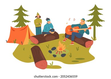 Summer camp with bonfire illustration