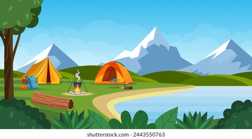 Summer camp with bonfire, tent, backpack . cartoon landscape with mountain, forest and campsite. Equipment for travel, hiking. Vector illustration in flat style