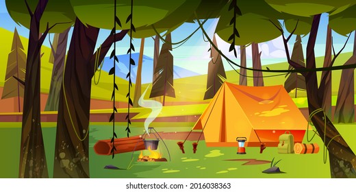 Summer camp with bonfire and tent in forest