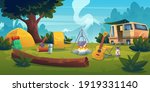 Summer camp with bonfire, tent, van, backpack, chair and guitar. Vector cartoon landscape with mountain, forest and campsite. Equipment for travel, hiking and activity vacation