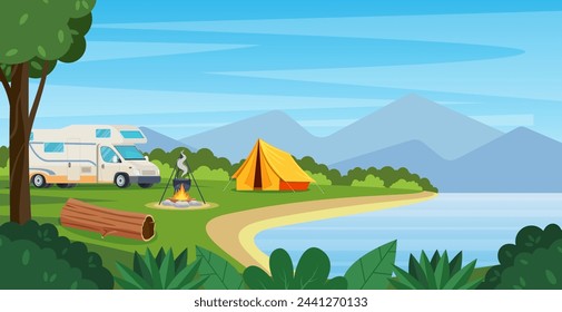 Campamento de verano con hoguera, tienda, furgoneta. paisaje de dibujos animados con montaña, bosque y camping. Equipamiento para viajes, senderismo. Ilustración vectorial en estilo plano