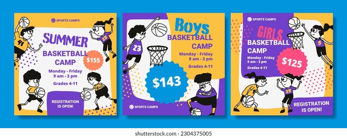 Campo de verano para niños y niñas. Los niños juegan un juego. Publicación en medios sociales, campo de baloncesto infantil. El concepto de banner de plantilla deportiva. Ilustración vectorial. 