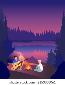 Summer camp, boy playing guitar. Friends near campfire with tent. Summertime vacation, camping, traveling, trip, hiking activities. Editable vector illustration