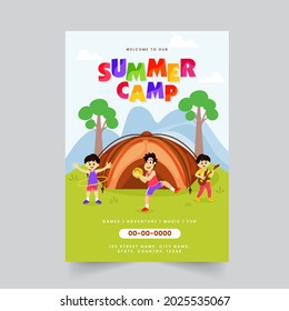 Summer Camp Brochure Template Design With Kids Playing In Front Of Tent And Venue Details.