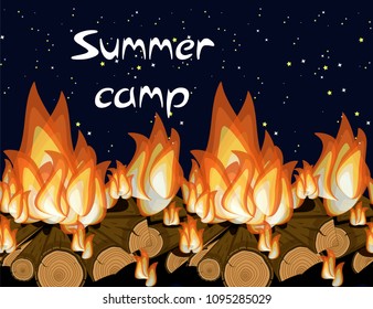 Summer camp bunner template with nature evening landscape and text. Campfire against night starry sky seamless pattern. Summer vacation for kids concept. Cartoon style vector illustration.