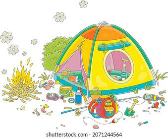 Campo de verano con una fogata ardiente y un desorden espeluznante después de una divertida fiesta en las vacaciones de verano, ilustración de caricaturas vectoriales aisladas en blanco
