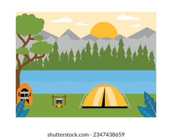 Campamento de verano junto al río, instalación de carpas, cocina y balseo en rápidos, ilustración vectorial.