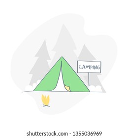 Summer camp. Camping concept, tent with a campfire in the wood. Tourism concept, a place to relax in the forest during a hike or tourist trip. Flat outline vector illustration on white.