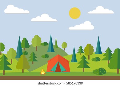 Summer camp. Camping in the forest. Camping tent. Flat style illustration.