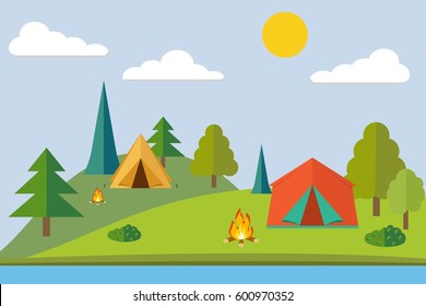 Summer camp. Camping in the forest. Camping tent. Flat style illustration.