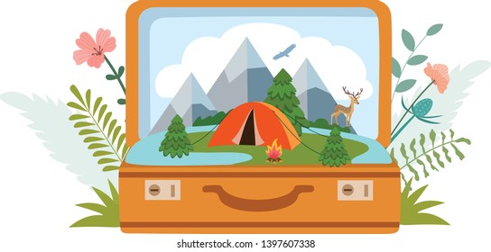 Summer camp, camping, travel, tourism with open suitcase, modern flat style. Vector illustration.