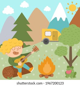 Summer camp card with cute kid doing camping activity. Vector square print template with singing child playing guitar in front of the fire. Active holidays or local tourism design for postcards